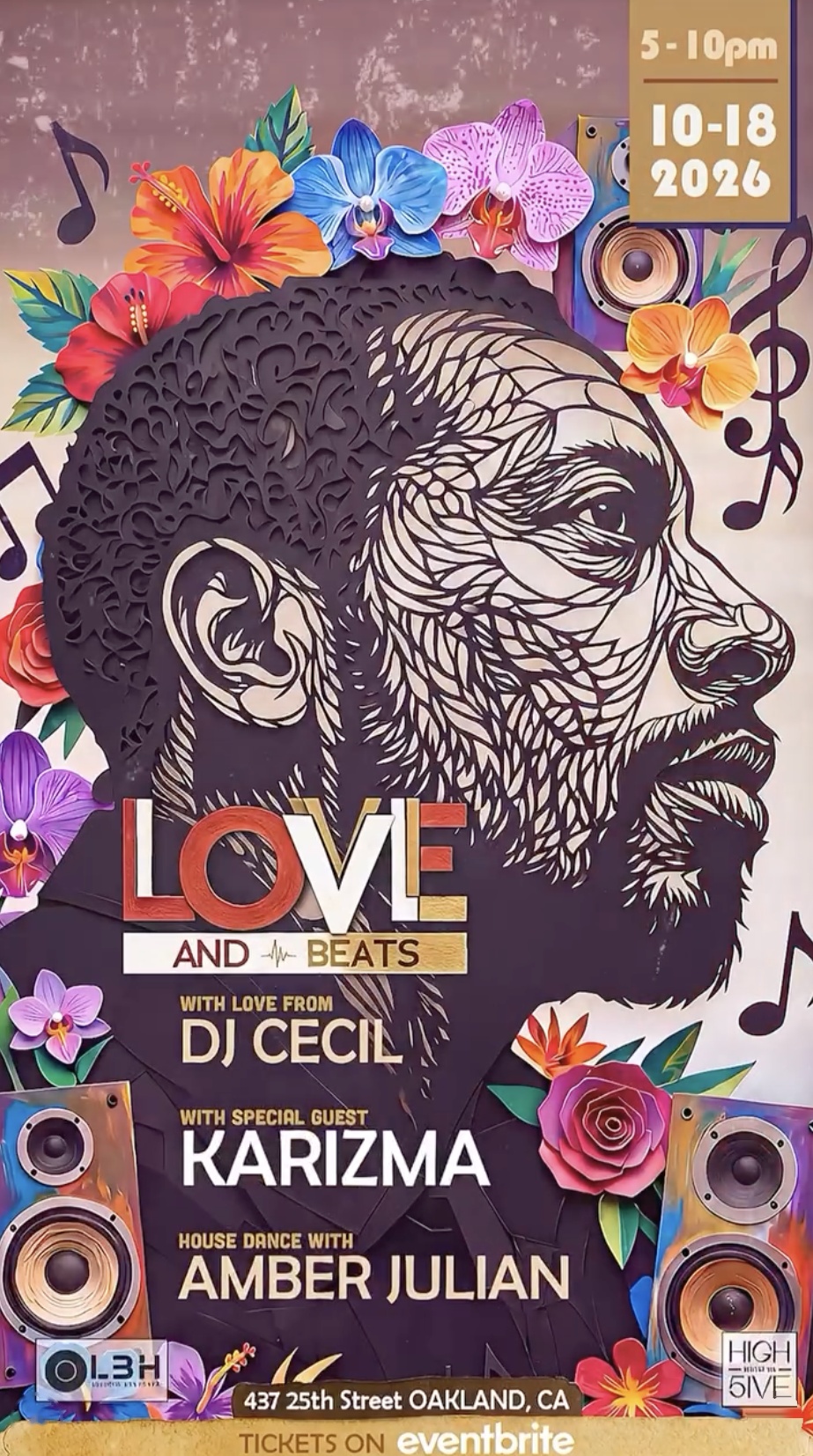 Love and Beats poster: DJ Cecil, special guest Karizma, house dance with Amber Julian